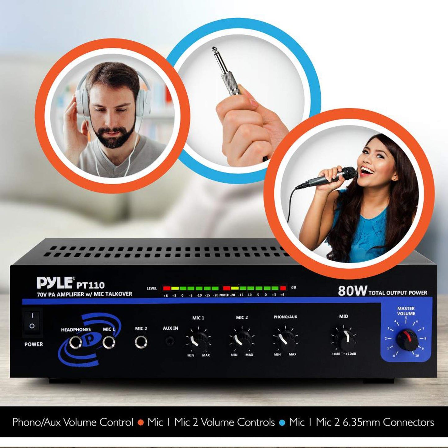 Pyle Compact Mono Public Address Amplifier - Professional 80 Watt Peak 70v PA Amplifier for Restaurants or Commercial Applications, 2 Mic Inputs