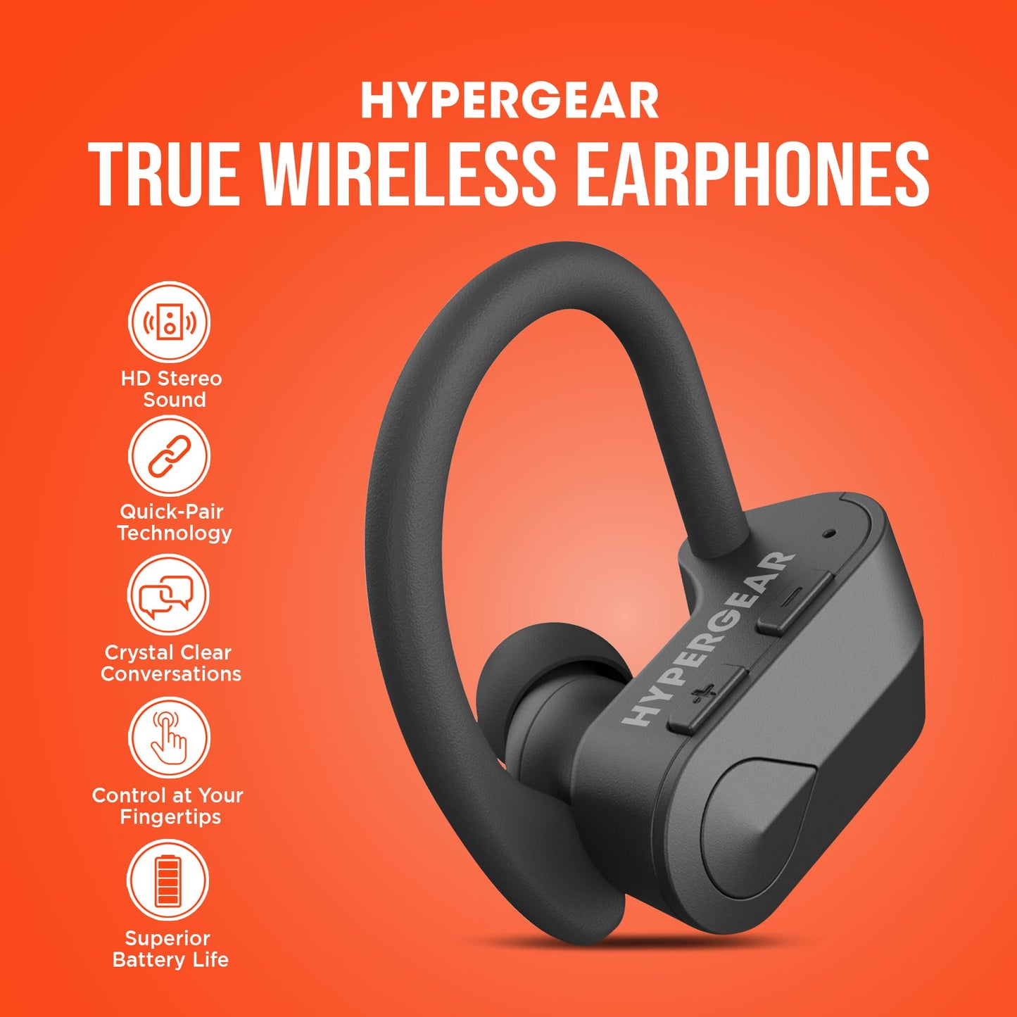 HyperGear Sport True Wireless Earbuds Wireless Bluetooth Earbuds Noise Cancelling Microphone, Quick-Pair Secure-Fit Ear Hooks, Bluetooth Ear Buds…