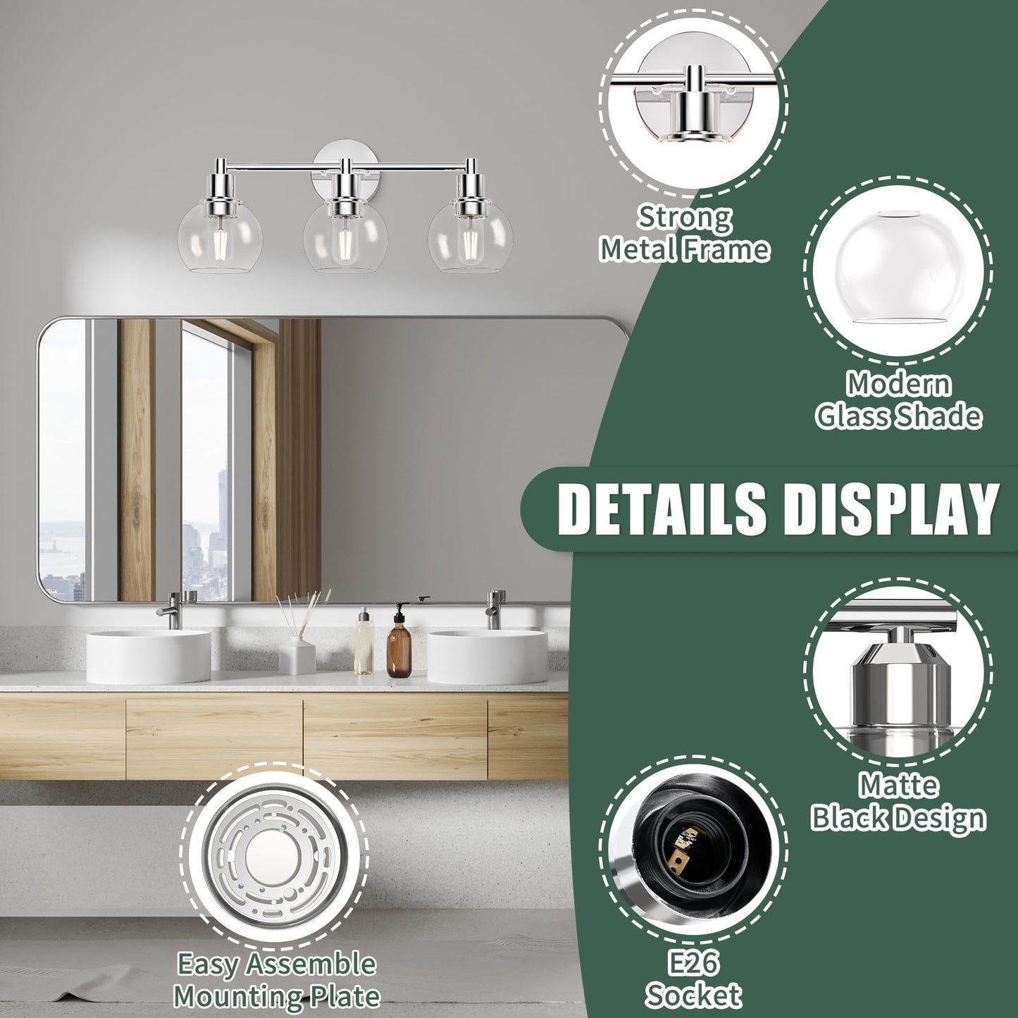 Espird 3 Lights Bathroom Vanity Light Fixtures Chrome, Bathroom Lights Over Mirror, Industrial and Farmhouse 3 Light Wall Sconce, Polished Chrome