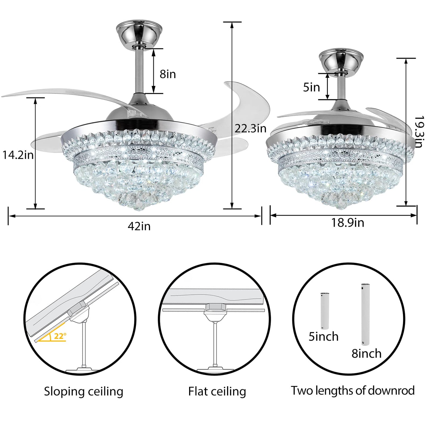 Panghuhu88 42" Invisible Ceiling Fan Chandelier with Light,Modern Crystal Ceiling Fan Light Remote Control 4 Retractable ABS Blades for Bedroom Living