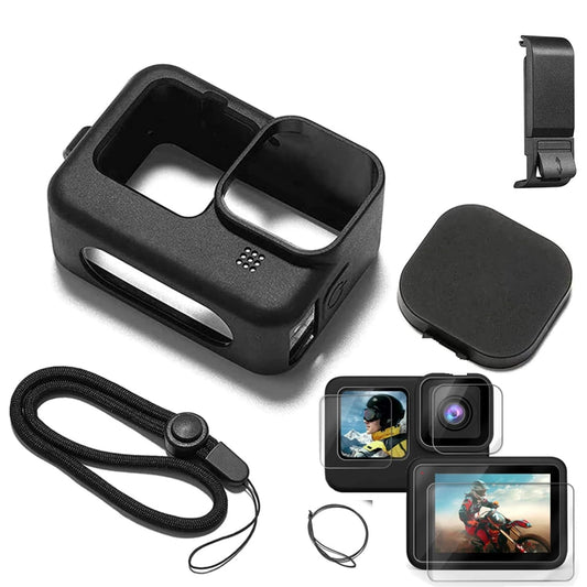 Accessories Kit Protective Soft Silicone Case for GoPro Hero 12/11/10/9 Black, Sleeve Case with Rubber Lens Cover + Screen Protector + Battery Side