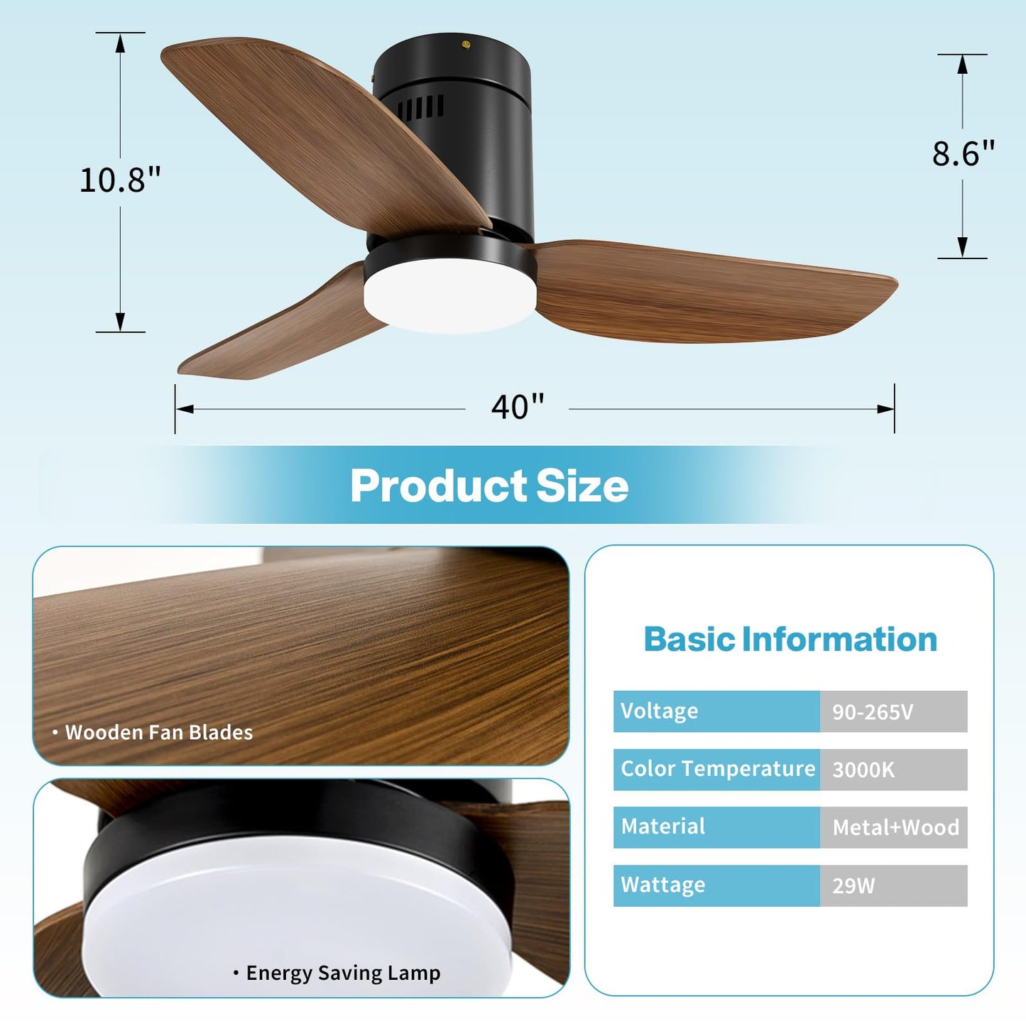 Simple Deluxe 40" Ceiling Fans with Lights and Remote, Outdoor Ceiling Fans for Patios with Light, Easy to Install Ceiling Fan with Reversible Motor