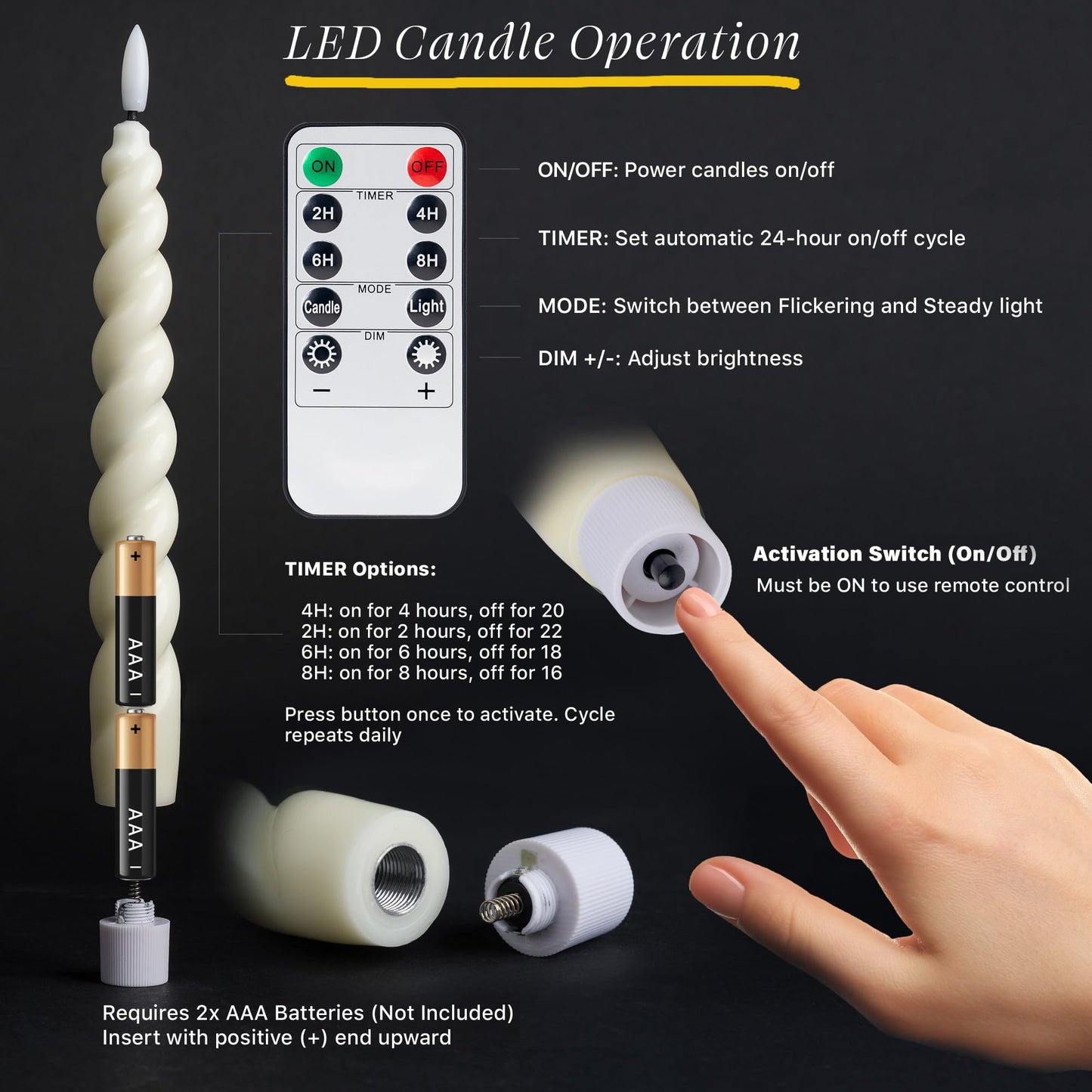 WYZworks 10" Flameless LED Taper Candles - Full Twisted Spiral - Ivory, Set of 6 - Remote, 2/4/6/8-Hr Timer (24-hr Memory), Bottom On/Off Button