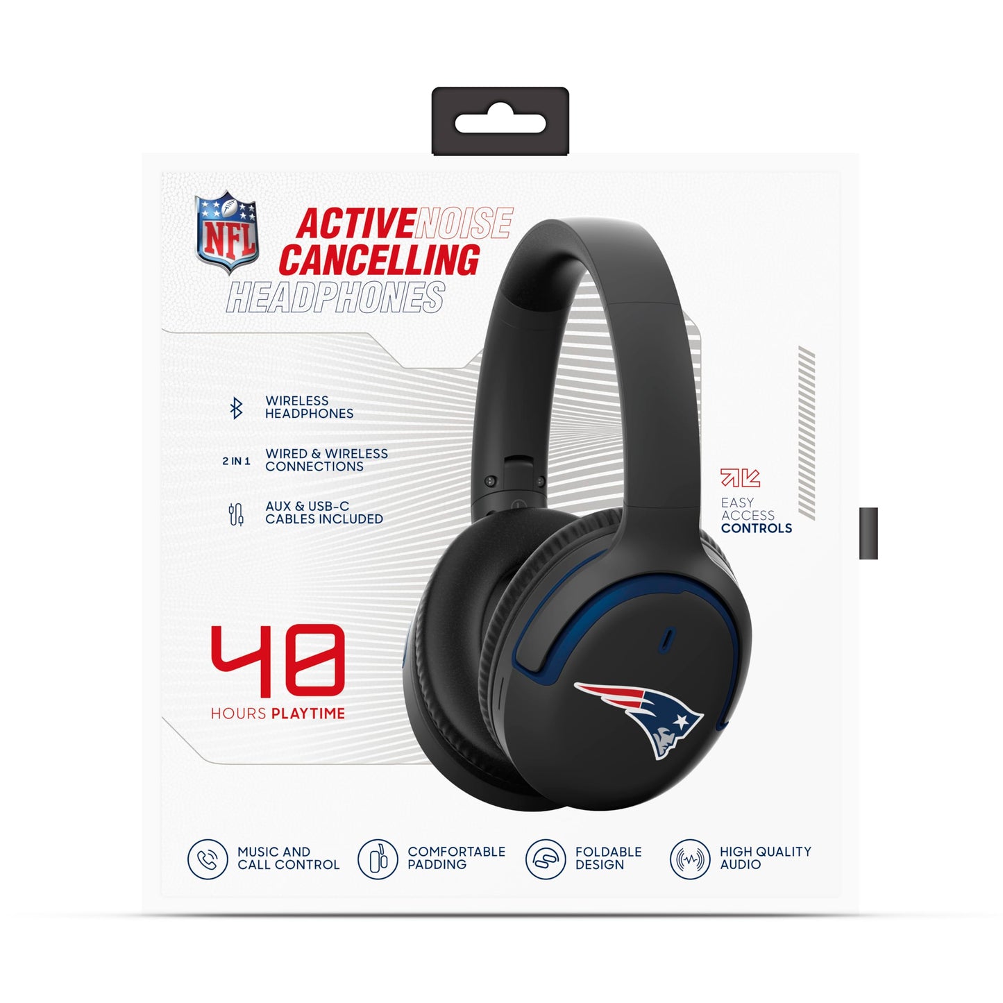 SOAR NFL Active Noise Cancelling Over The Ear Headphones, New England Patriots