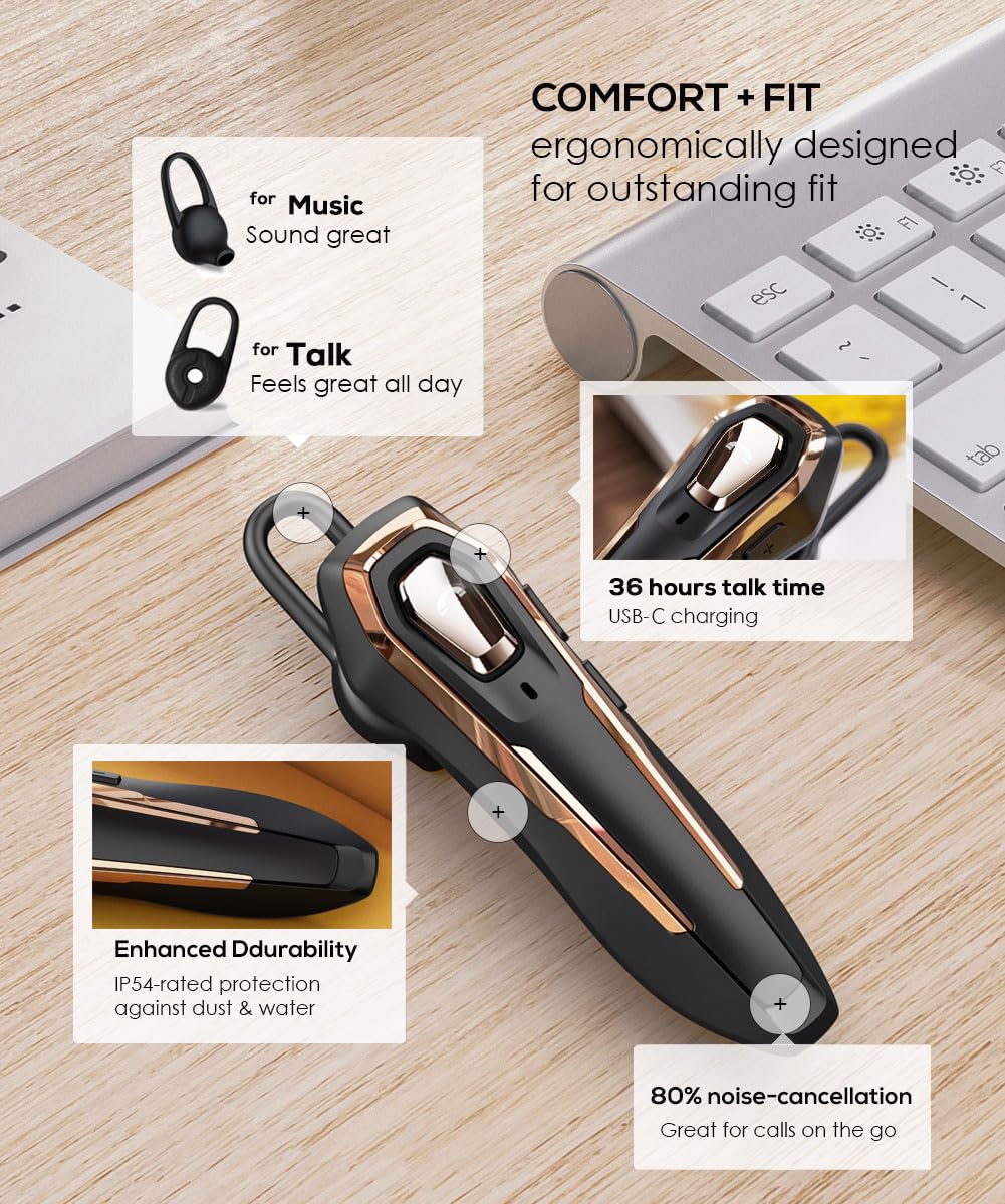 Single Ear Bluetooth Headset V5.4 Noise Canceling Microphone, Bluetooth Earpiece, 36Hrs Talk Time, Hands-Free Wireless Headset