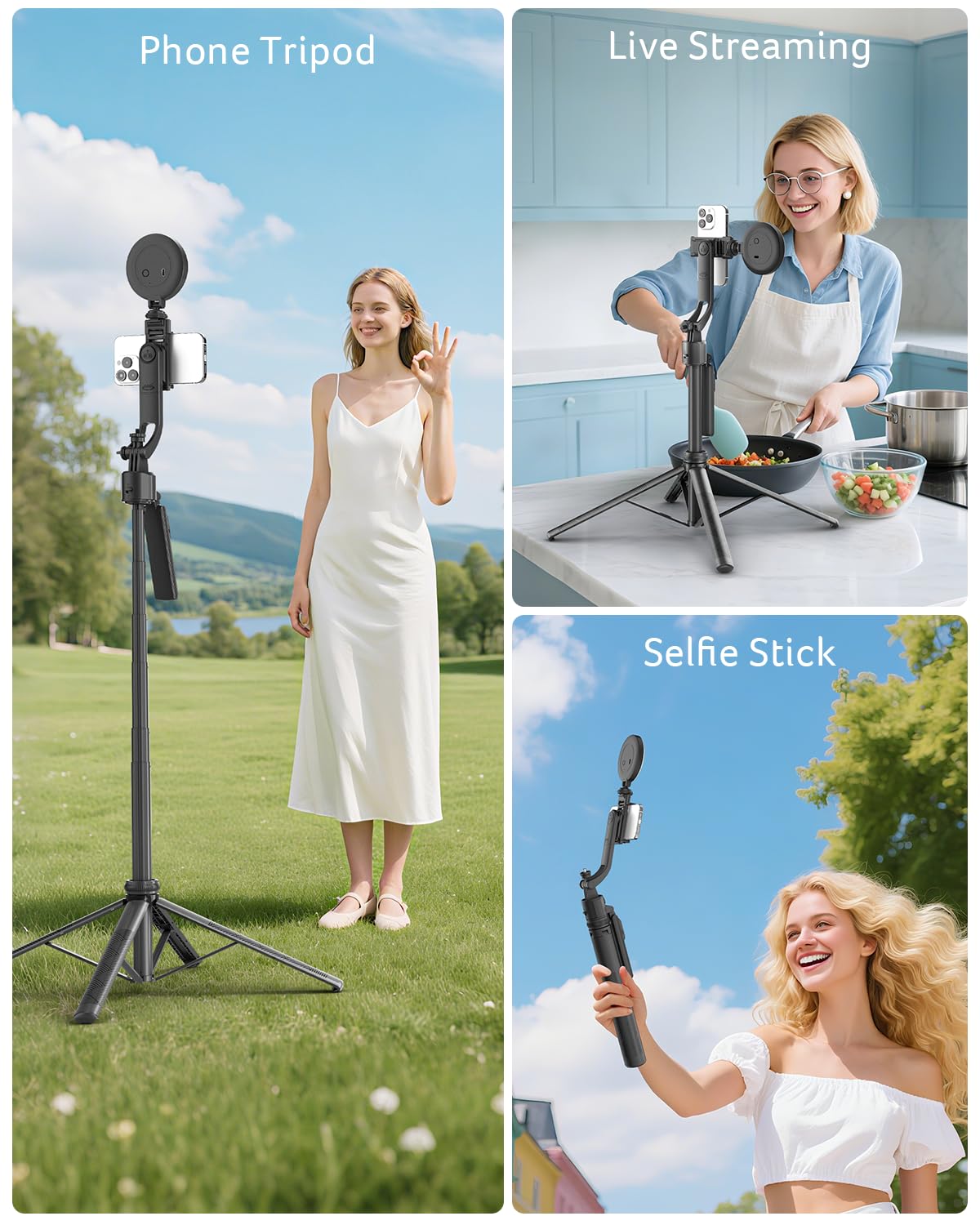Acer Gadget Auto Face Tracking Tripod for iPhone/Cell Phone/Android/Camera with Light and Remote, 64", No App, 360°Rotating Tripod Selfie Stick