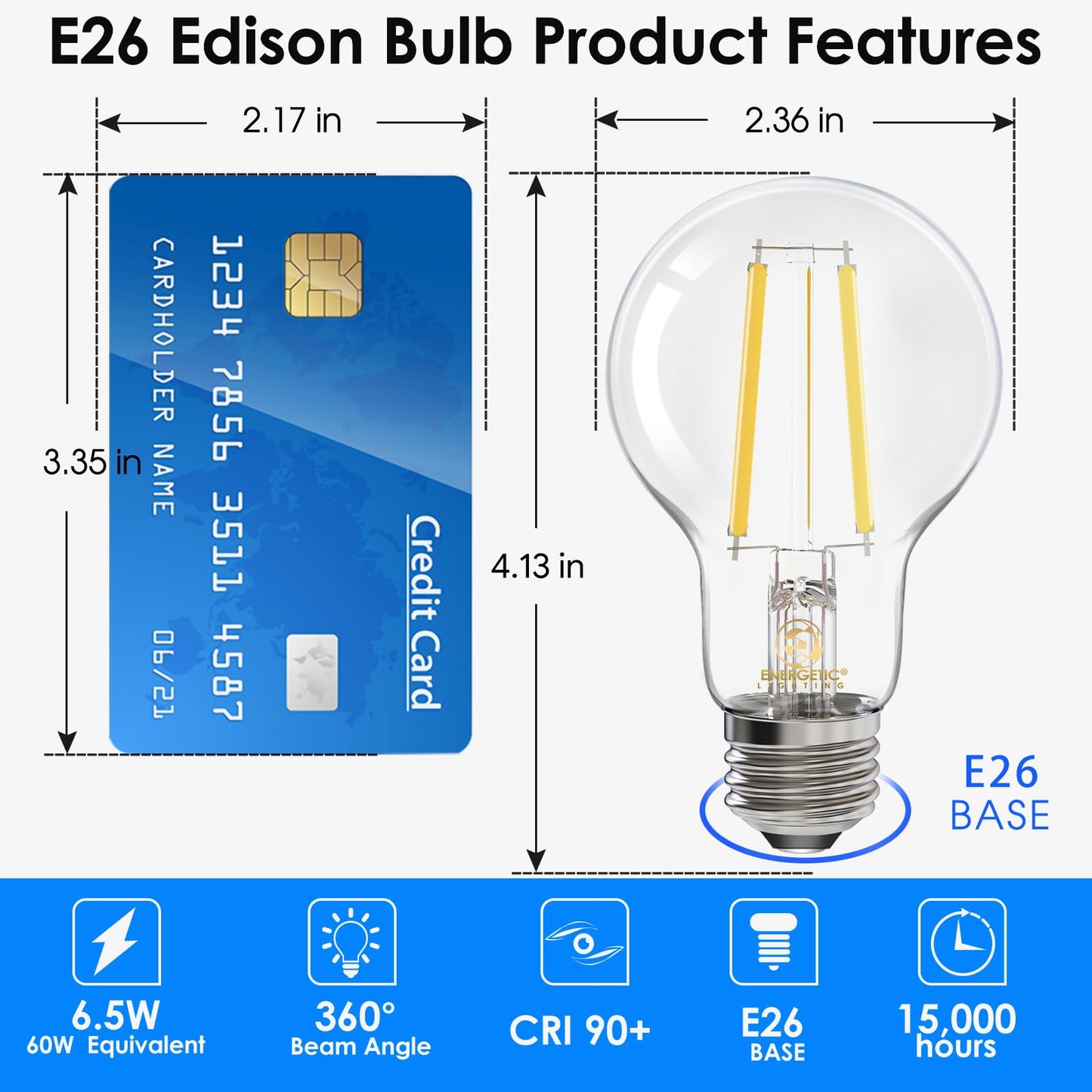 Energetic Dimmable LED Filament Light Bulbs, 6.5W, 60 Watt Equivalent, Cool White 4000K, Classic Clear Glass, A19 LED Light Bulb, 12 Pack