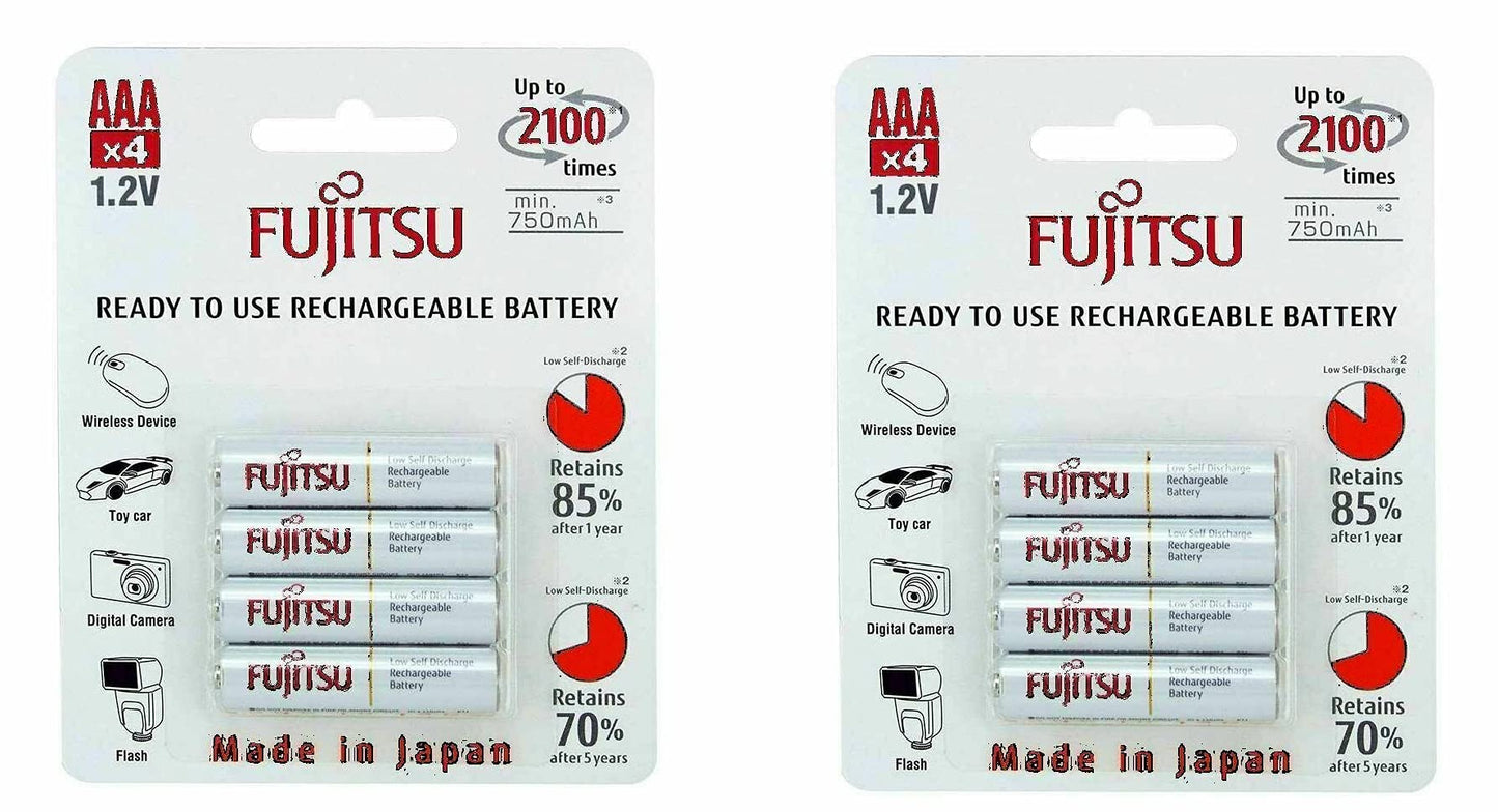 8 Fujitsu HR4UTC AAA Ready-to-use 2,100 times rechargeable battery NiMH 1.2V 800mAh (Min. 750mAh) Made in Japan