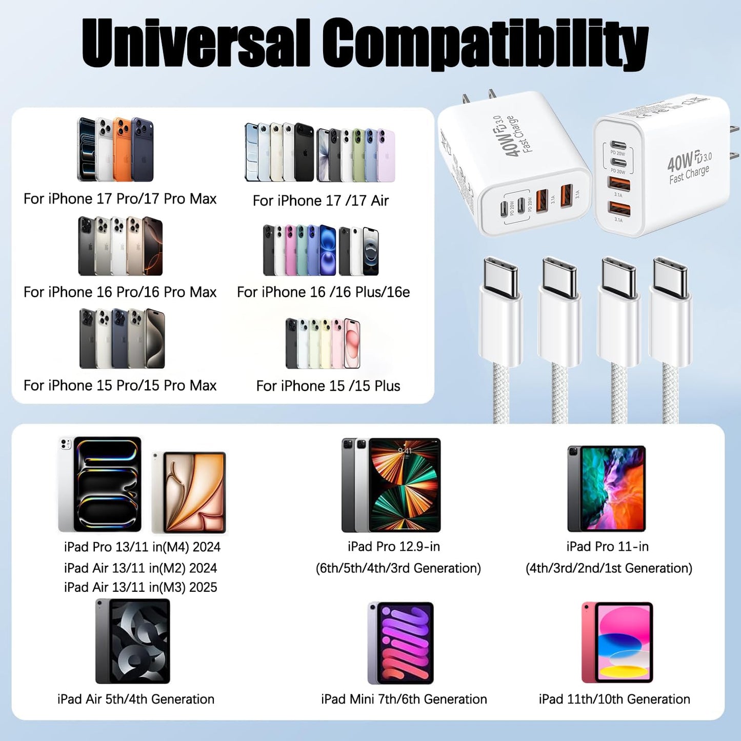 iPhone 17 Charger Fast Charging,4-Port USB C Charger Block 2Pack 40W Apple Charger with 10FT USB C to C Woven Braid Cable Cord for Apple iPhone 17e/17