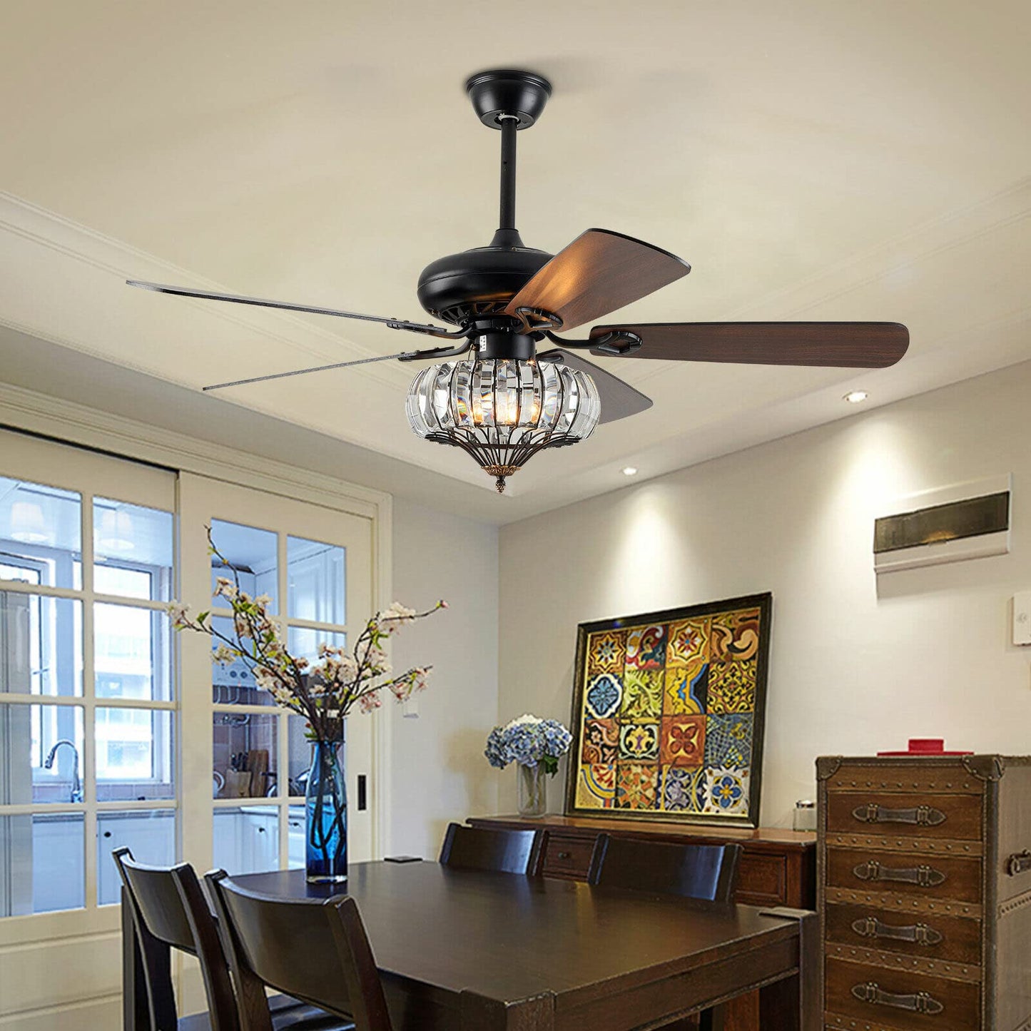 Kathring Modern Black Crystal Ceiling Fan with 52" Crystal Blades, Energy Saving Light, 3-Speed, Quiet Operation, Remote Control for Home/Indoor