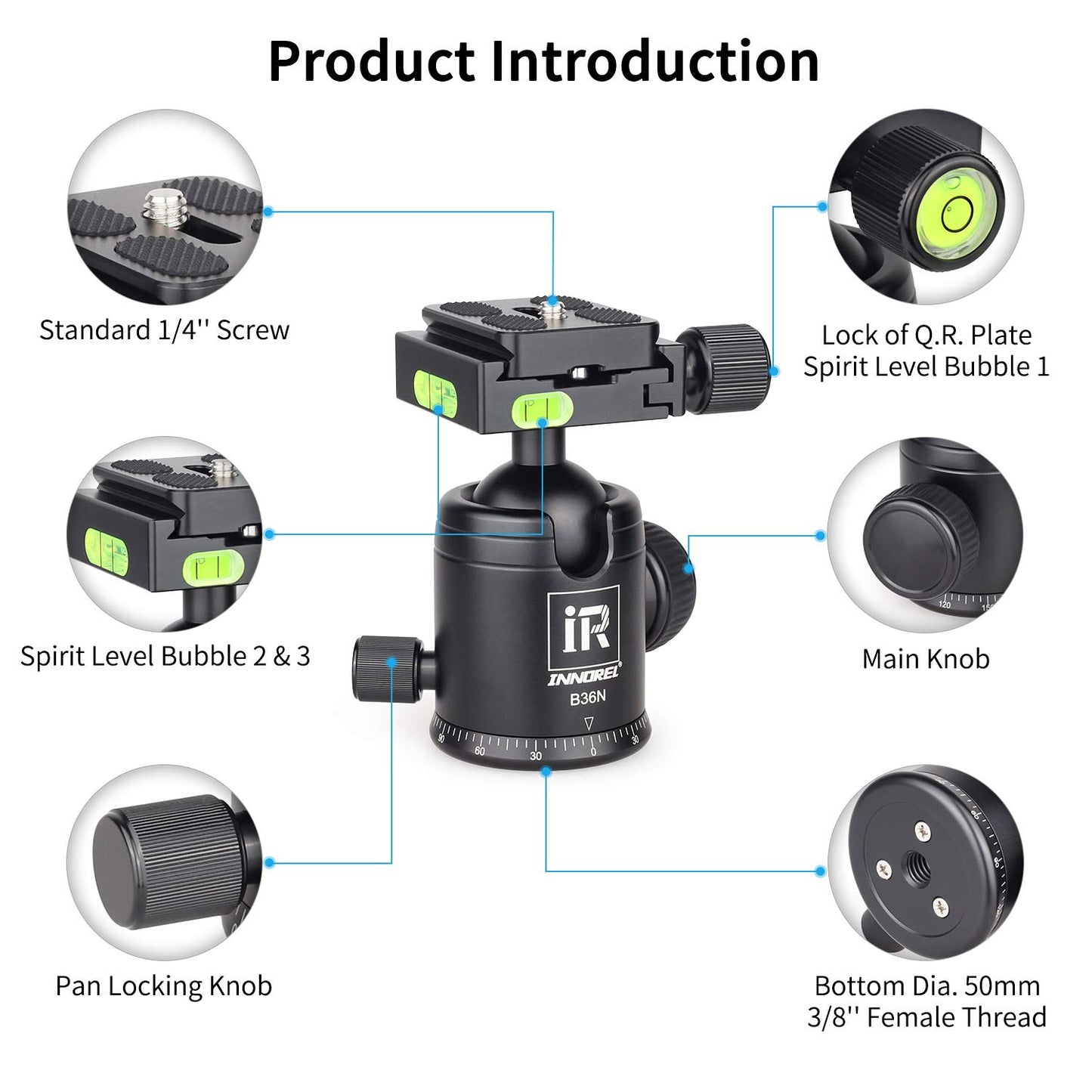 Tripod Ball Head, Camera Tirpod Ball Head Mount 36MM Diameter Ball INNOREL B36N All Metal CNC Panorama Ballhead 1/4" Screw 3/8" Hole for DSLR Camera