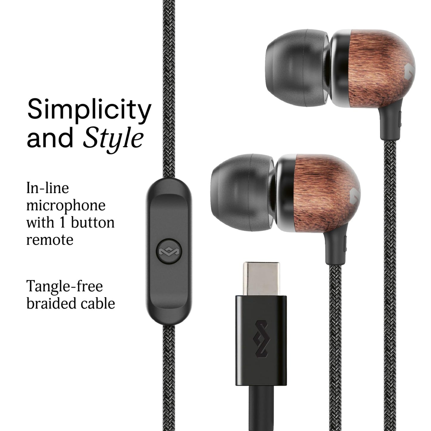 House of Marley Smile Jamaica USB-C Wired Earbuds with Microphone, in-Ear Headphones, 9.2mm Driver, Tangle-Resistant Cable, Plug-and-Play Earphones