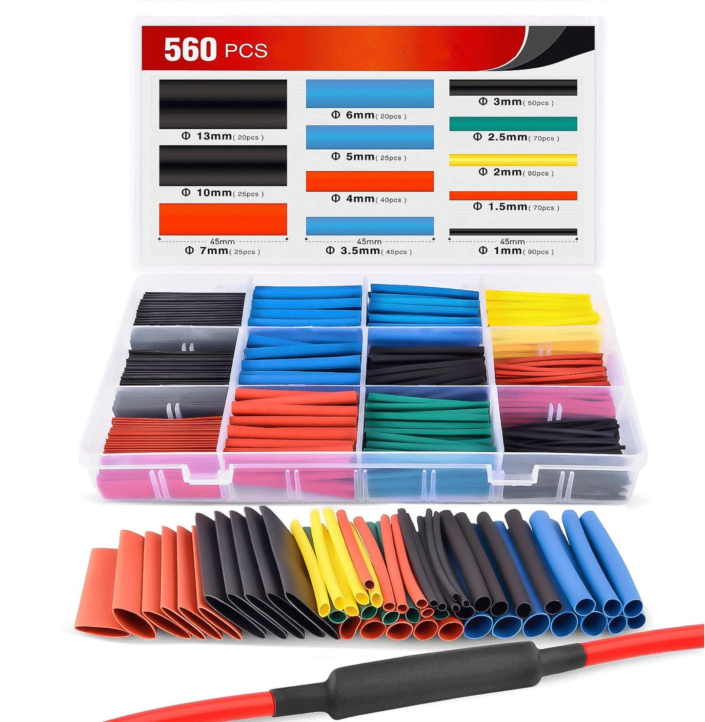 Nilight - 50005R Heat Shrink 2:1 Electric Insulation Tube Kit 45mm Flame Retardant Wrap Cable Sleeve 560pcs 5 Colors 12 Sizes with Storage Box?2 Years