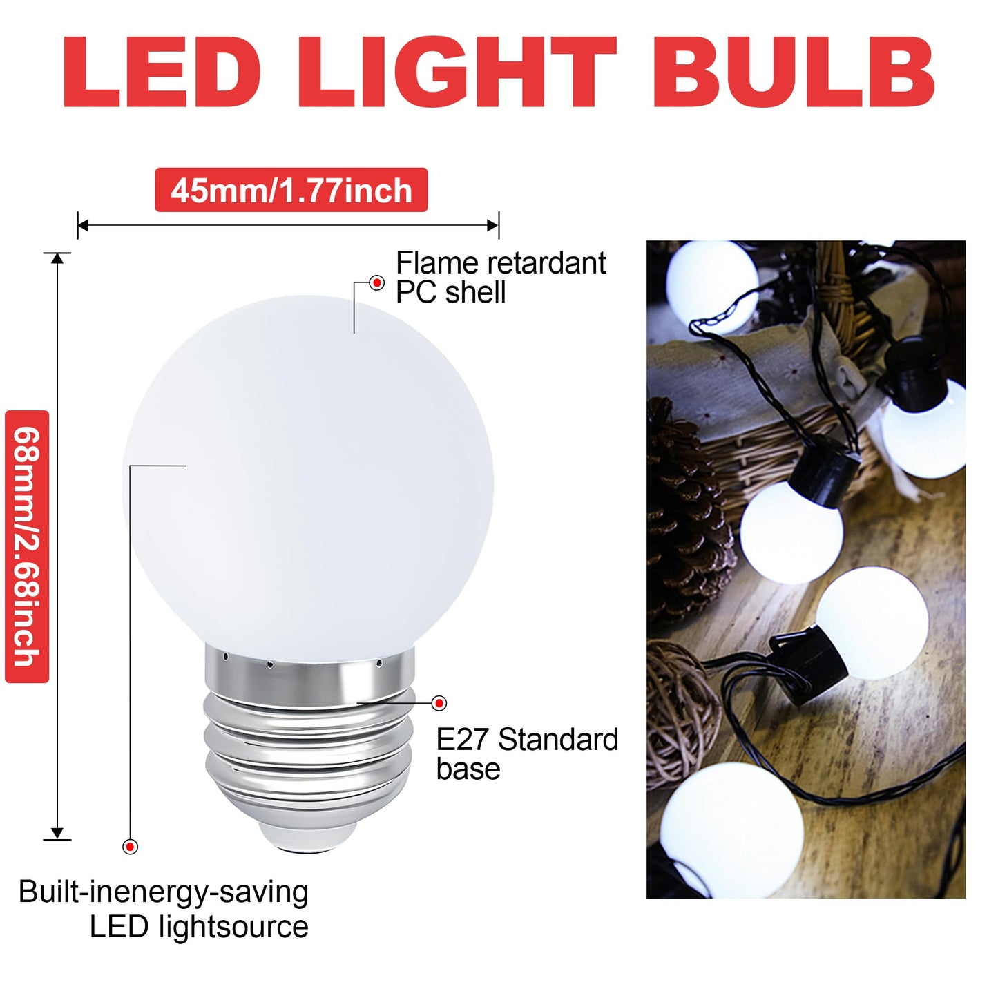 Night Light Bulb 1 Watt LED Low Watt Bulbs E26 E27 Standard Base Daylight White 6000K Not Dimmable G45 Energy Saving Light Bulbs 10W Equivalent
