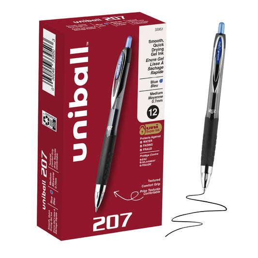 uniball™ 207 Gel Pens, Blue Ink, 0.7mm Medium Point, Retractable, 12 Count