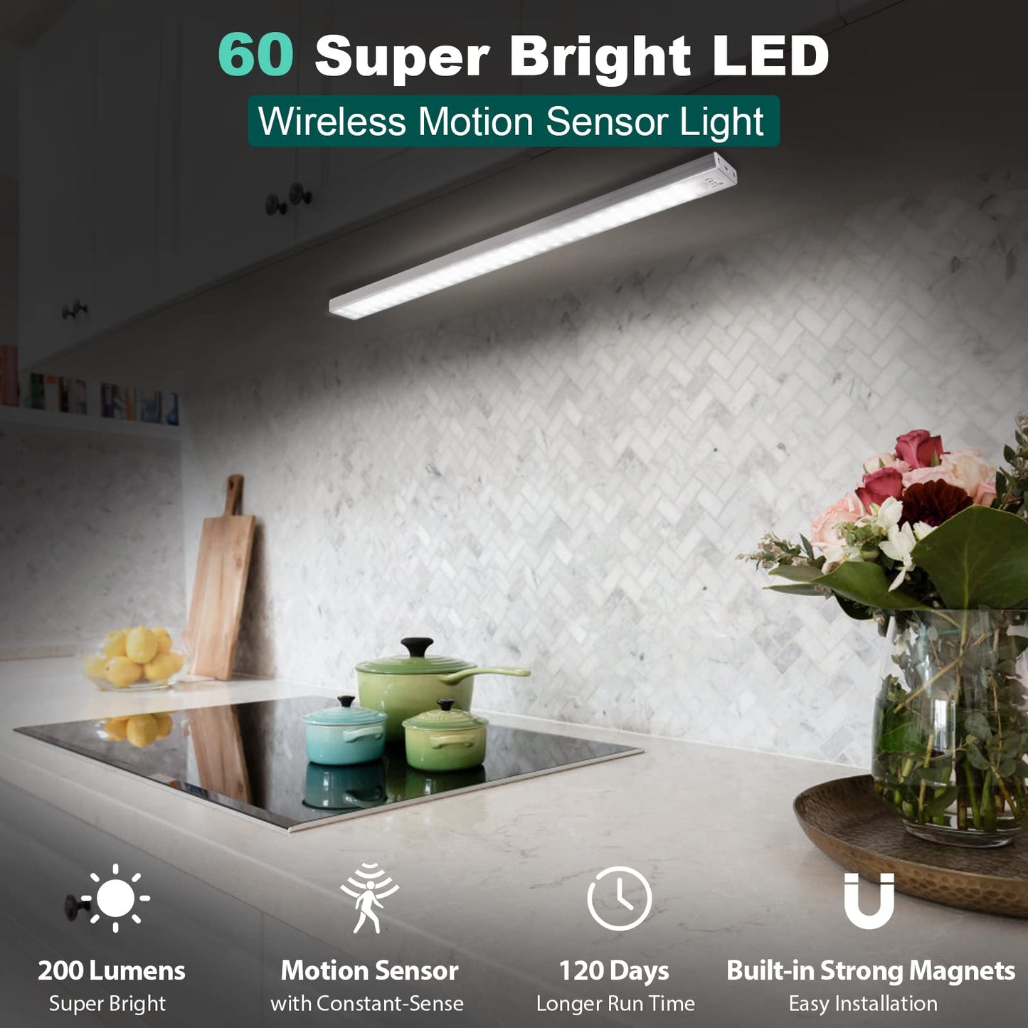 60 LED Closet Lights Battery Powered, BLS Super Bright Under Cabinet Lighting, Motion Sensor Light, Wireless, 2400mah Rechargeable Operated, 120 Days