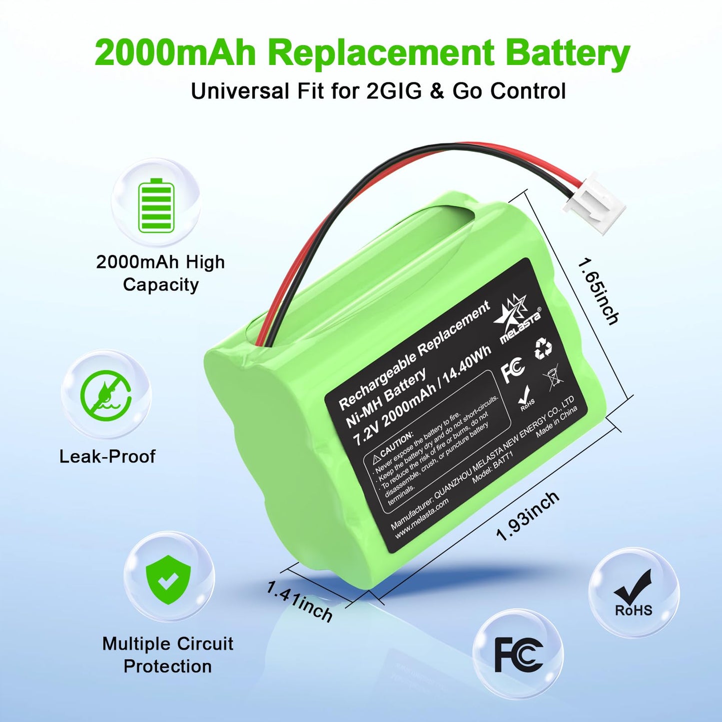 melasta 2000mAh Replacement Battery Suitable for 2GIG BATT1X BATT2X BATT1 GC2 2GIG-CNTRL2 2GIG-CP2 GCKIT311 Go Control Panel Security System Alarm