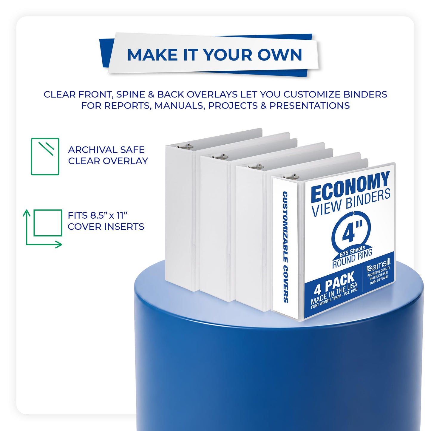 Samsill 4 Inch 3 Ring Binders, Economy Round Ring, Clear View Cover, 675 Sheet Capacity - for School, Home, Office - White, 4 Pack