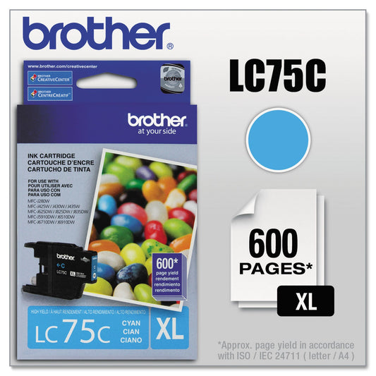 Brother LC75C High Yield (XL Series) Cyan Cartridge Ink, 600 Pages