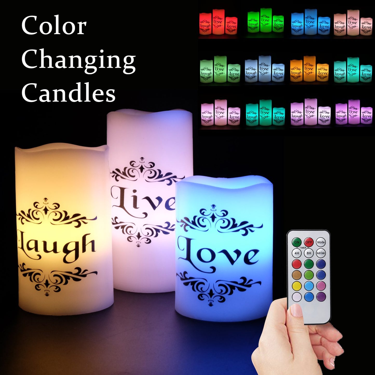 DRomance Color Changing Flameless Candles Battery Operated with 18-Key Remote Timer, 3 Pack Real Wax Live Love Laugh Decal Flickering LED Pillar