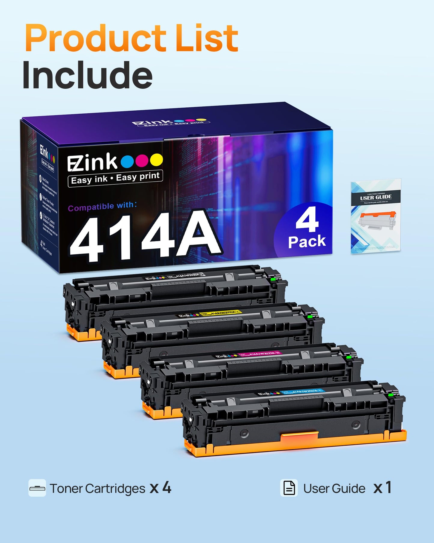 E-Z Ink 414A Toner Cartridges Compatible for HP 414A 414X W2020X, 4 Pack
