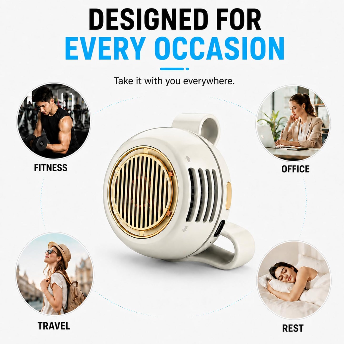 Rilvora Bryzy Fan Portable Personal, 360°Adjustable Airflow, Can be Worn on a Belt or Around the Neck, Perfect for Outdoor Activities and Travel