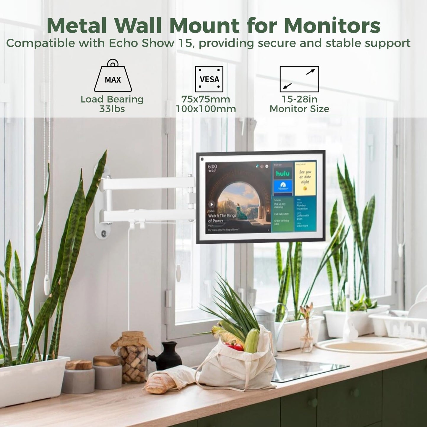 Full Motion Wall Mount for Echo Show 15, Monitor Wall Mounting Bracket for 15-28 Inch Monitors TVs, Swivel and Tilt 360 Rotate Wall Mount for Alexa