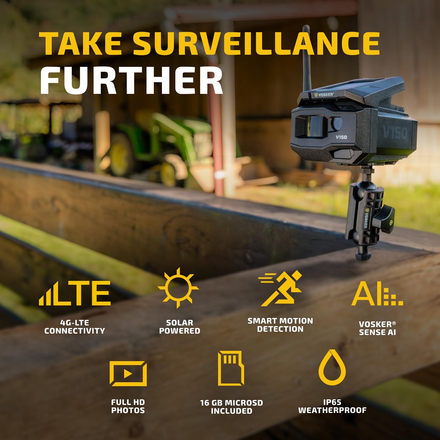 Vosker V150 Farm Pack 4G LTE Solar Security Camera, Wireless Outdoor Surveillance for Farms, Sheds and Equipment Monitoring, No Wi-Fi Required, Night