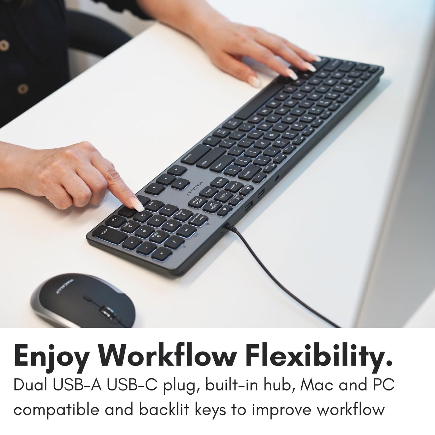 Macally Wired Keyboard for Mac with USB Hub (2X USB-A / 1x USB-C) - Compatible Backlit Apple Keyboard with Dual Interface - Auto OS Detection for Mac
