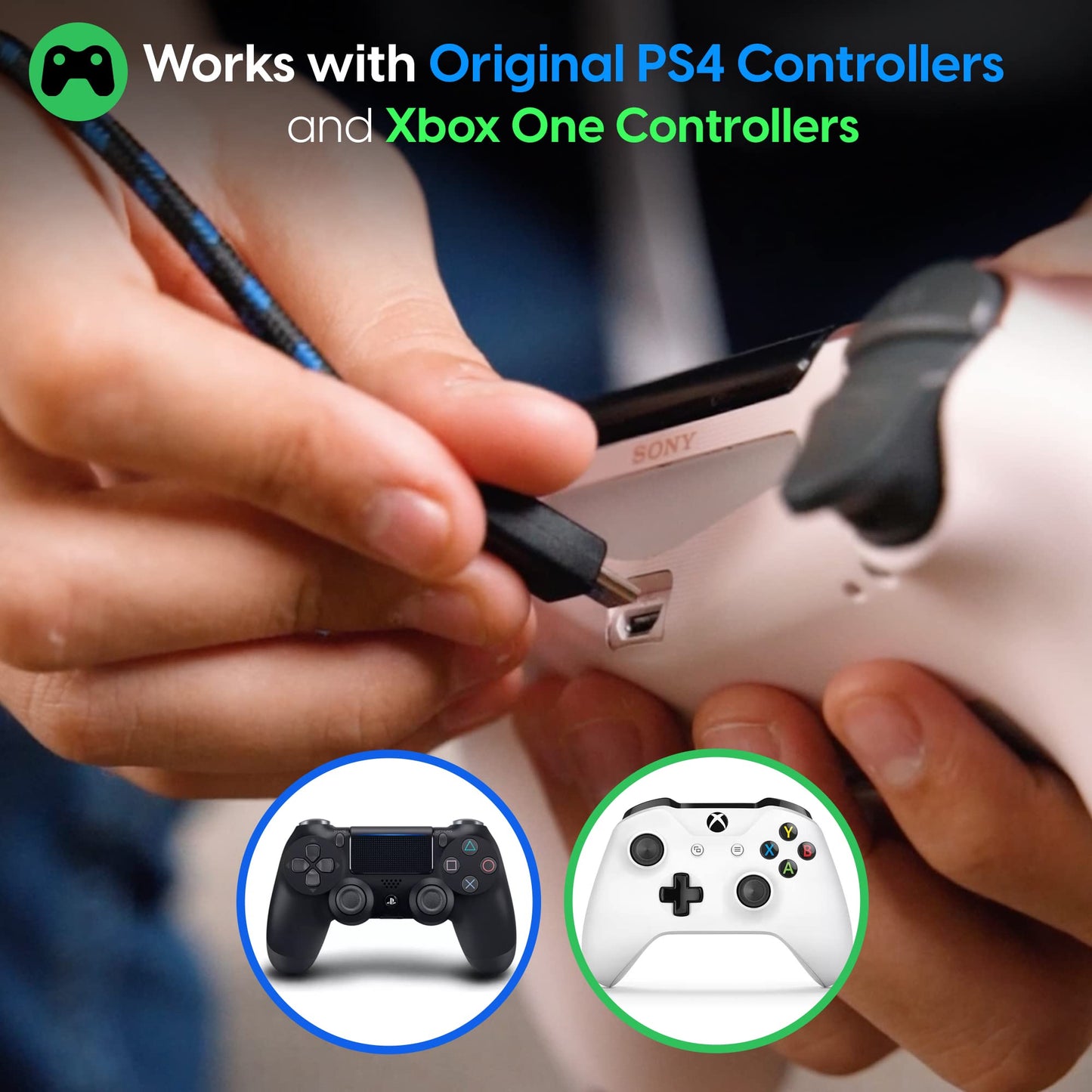 TalkWorks Charging Cable Compatible with Xbox One Controller - 6-Foot Long Fast Charger Cord Micro USB for X-Box 1 - Heavy-Duty, Braided Black-Blue (3
