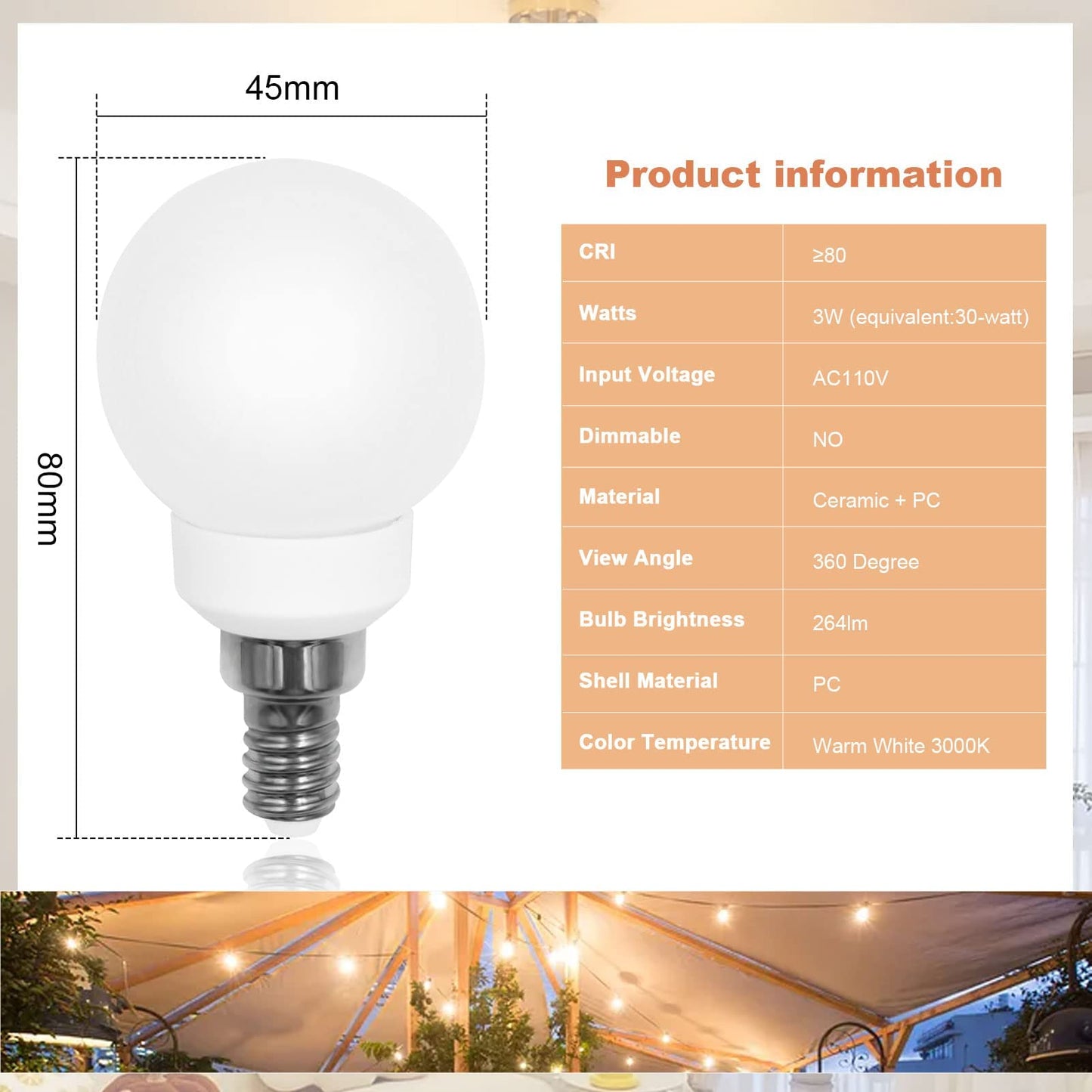 G45 Globe Light Bulbs E12 Candelabra Base 3W 110V Warm White 2-Pack