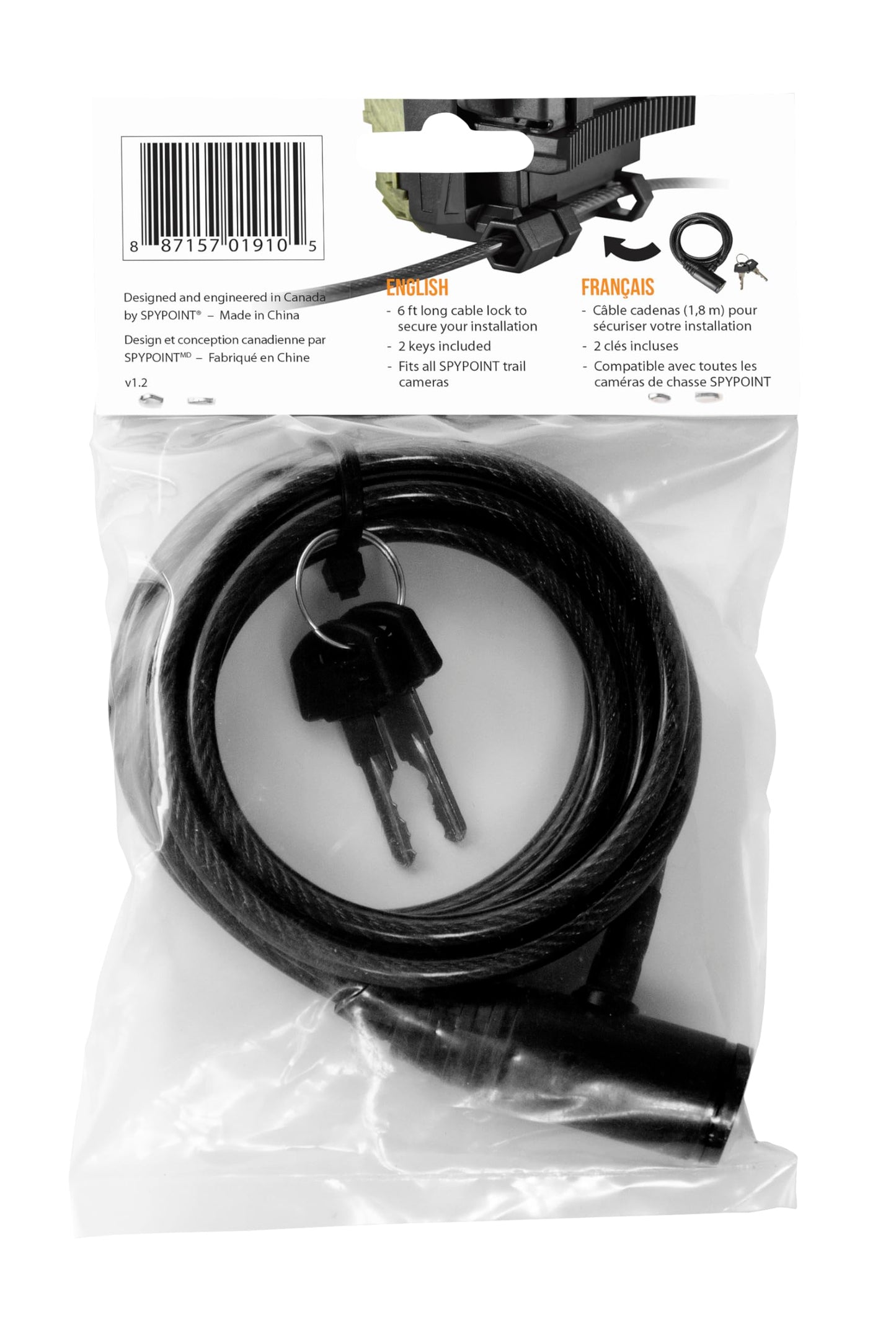 Spypoint CLM-6FT Six-Foot Long Trail Camera Coated Cable Lock Steel Cable Lock for securing Scouting Cameras Fits Most Trees and All Cameras Comes