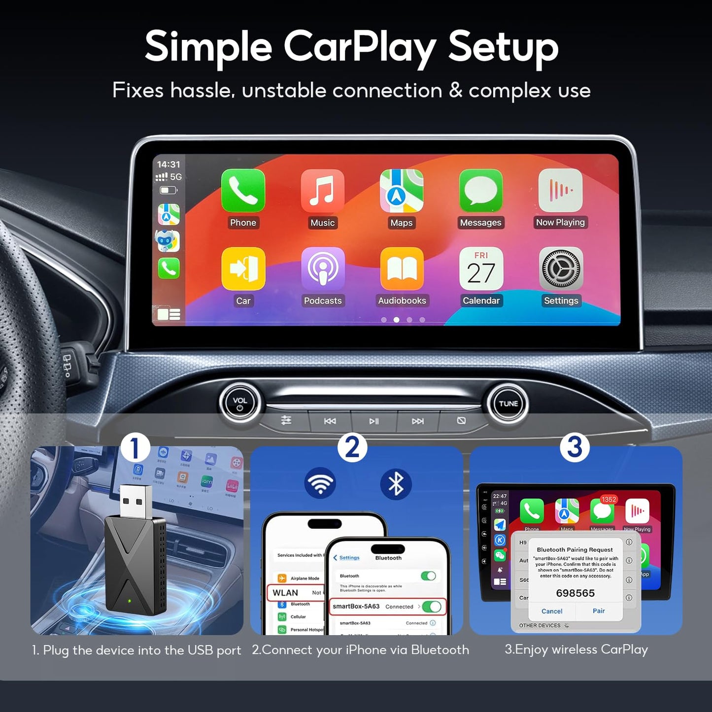 AKHQVC Wireless CarPlay Adapter Convert Factory Wired CarPlay to Wireless, Zero Latency, Mini Plug & Play Design with Stable Connection USB-A/Type-C