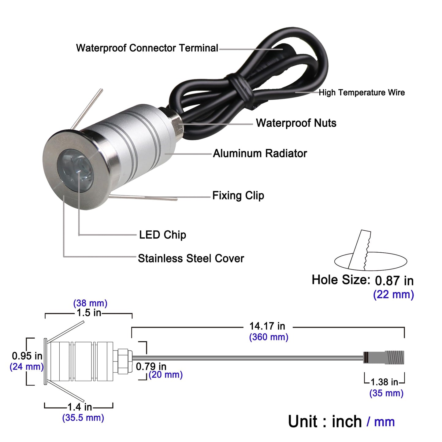 CNBRIGHTER LED In-Ground Well Light,Mini 15° Narrow Beam Angle Spotlight,1W 12V-24V DC,IP67 Waterproof Underground Outdoor Landscape Lightings,Warm