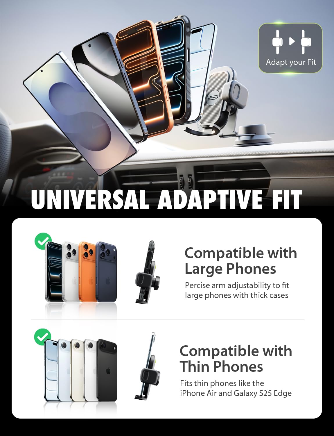 Bracketron TripGripPro Suction Cup Phone Mount for Car - 3-in-1 Tesla Phone Mount with 360° Rotation, Temperbond Suction Technology for Windshield
