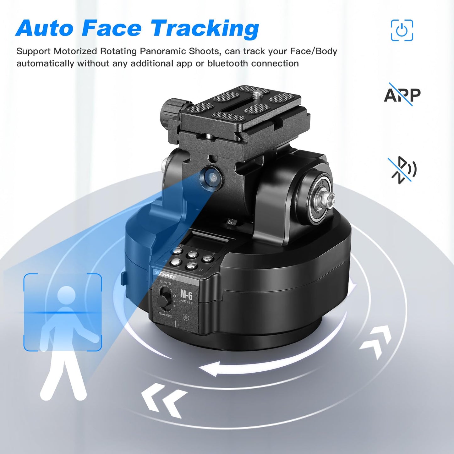 Soonpho M6 Auto Face Tracking Motorized Rotating Panoramic Tripod Head, Remote Control 360° Pan Tilt Head with Mobile Phone Clip for DSLR Cameras