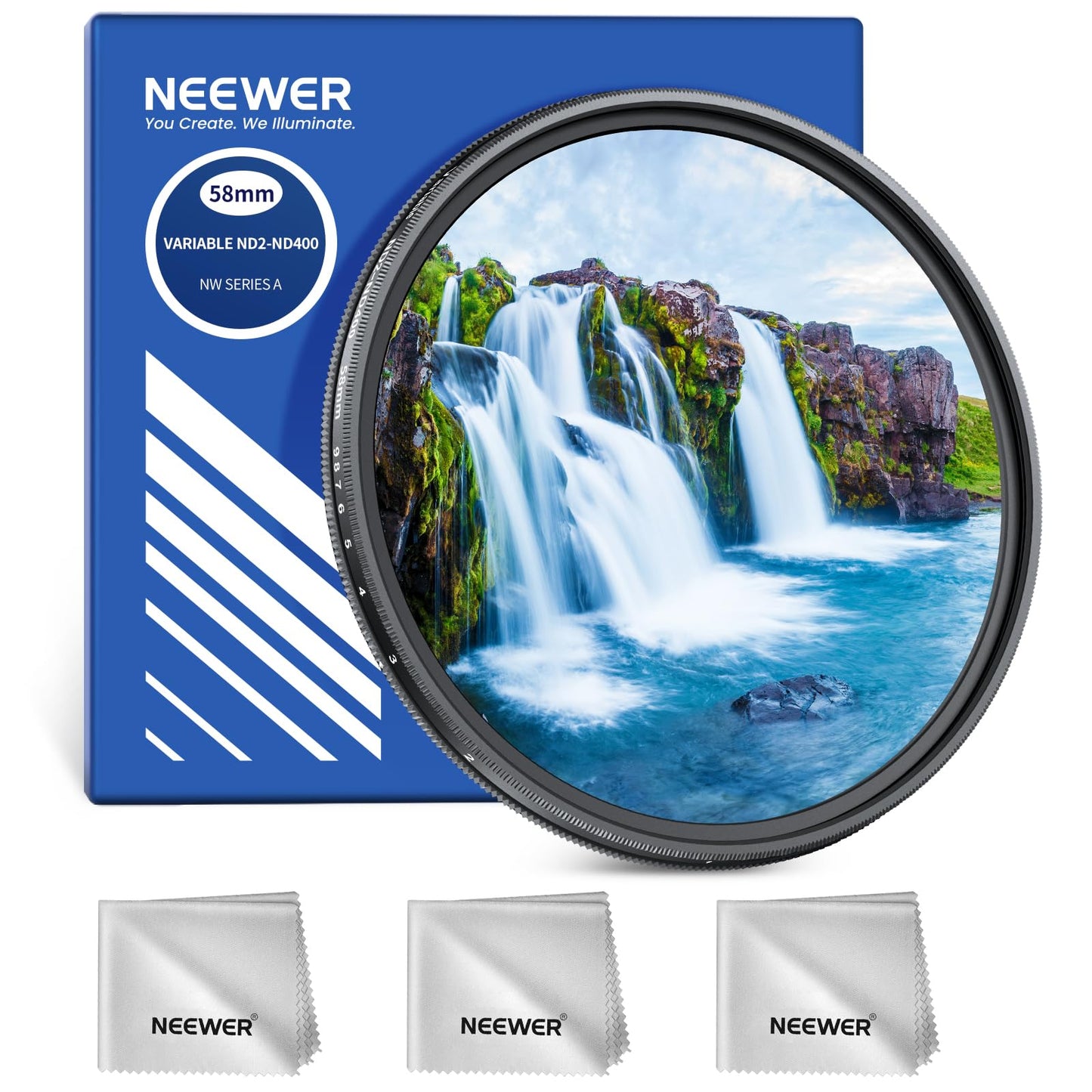 NEEWER 58mm Variable ND Filter ND2-400 (1-9 Stops) with 3X Cleaning Cloth, Adjustable Rotating Variable Neutral Density Camera Lens Filter