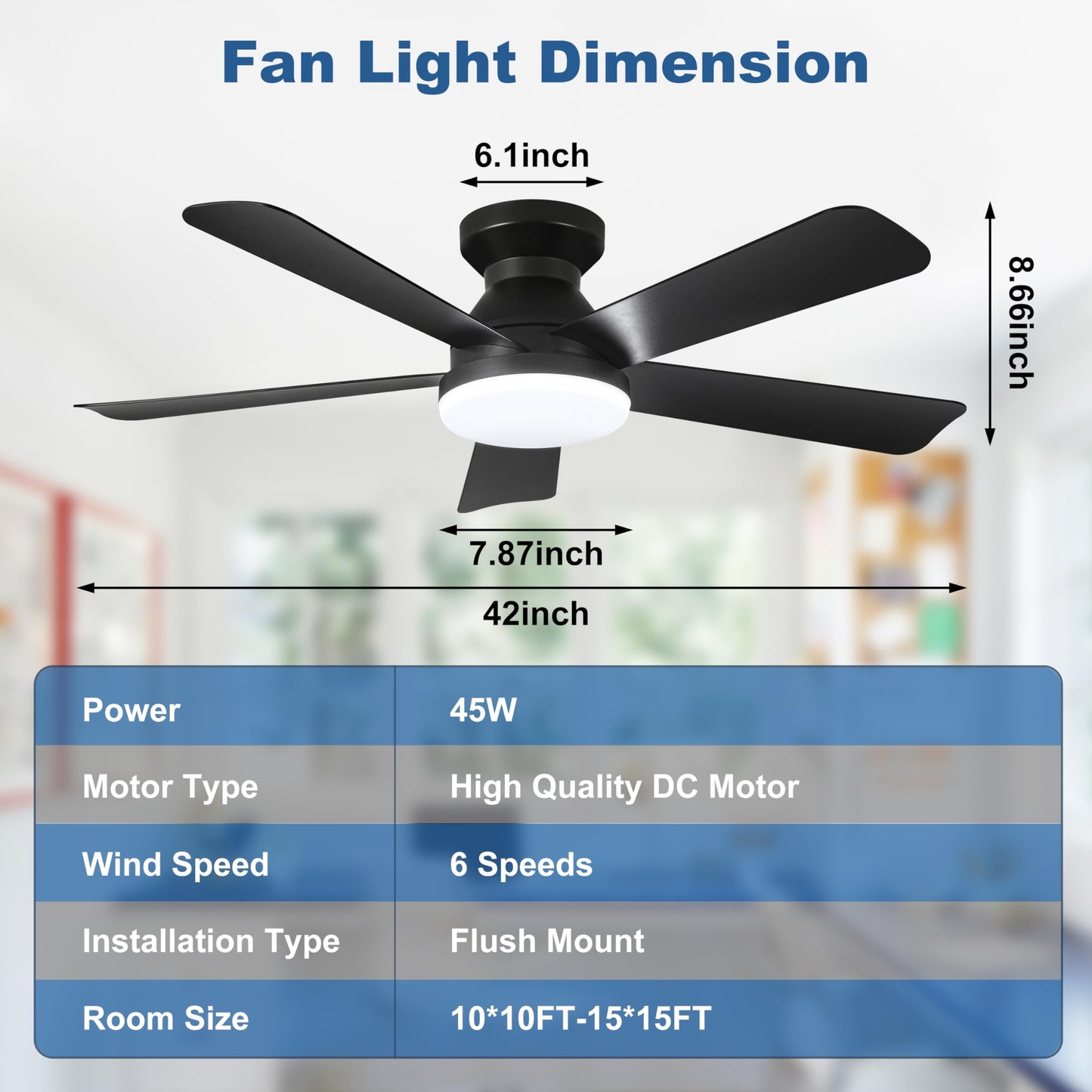 Hywyimlait Black 42Inch Ceiling Fan Light with Remote Control, Flush Mount Installation, Reversible Rotation, 3 Color Temperatures, 2/4H Timer