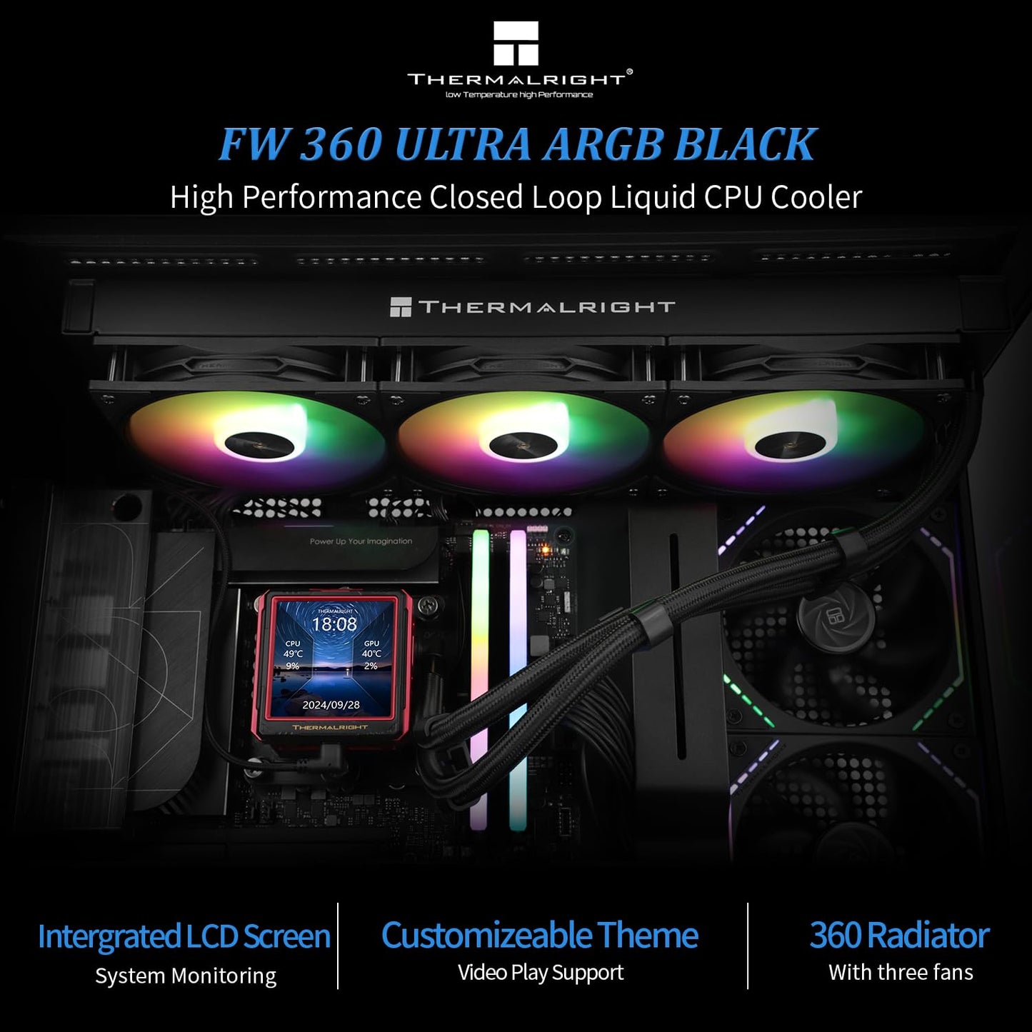 Thermalright FW360 Ultra ARGB Black CPU AIO Cooler,PC 360 Specification Water Cooler System,IPS LCD Screen with 480x480 Resolution,for AM5&Intel