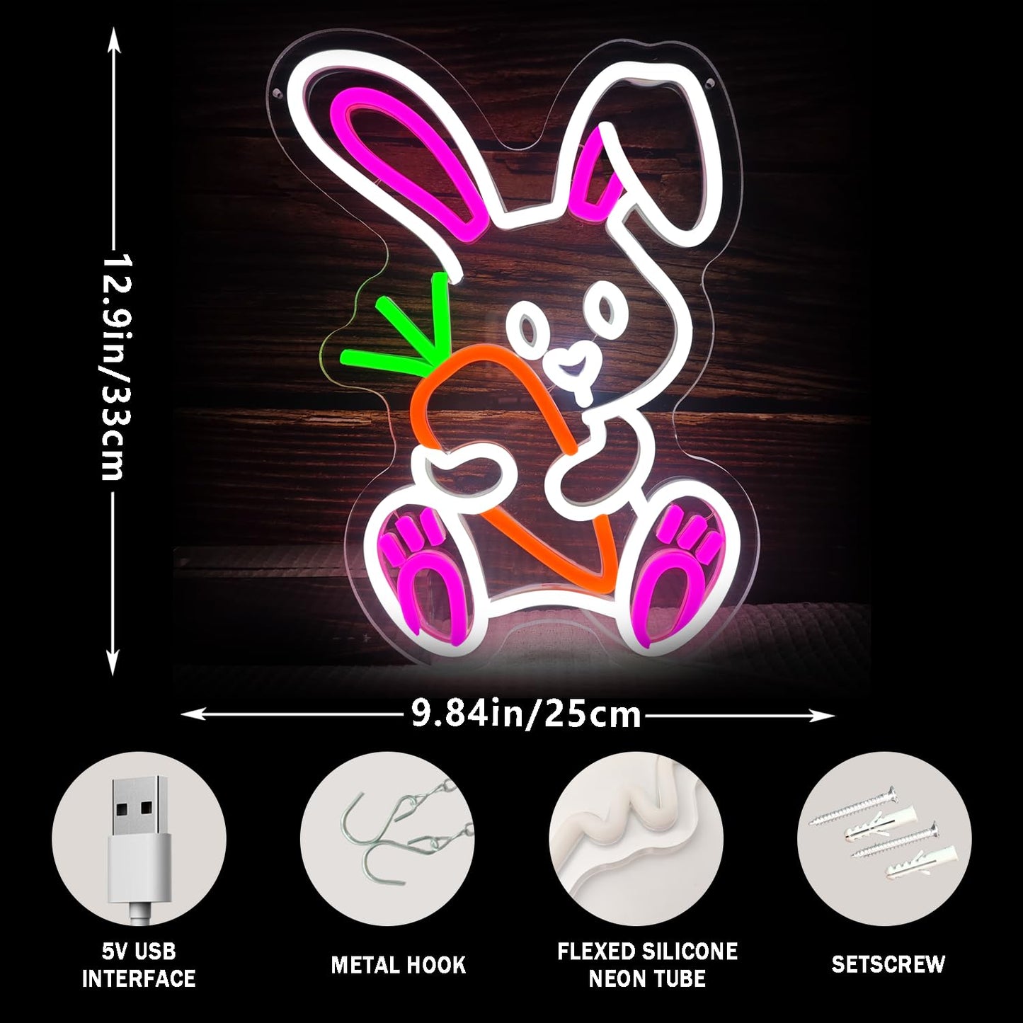 Easter Neon Sign for Wall Decor Bunny Neon Light Carrot Led Sign Carrot Rabbit Neon Neon Light Up Sign for Party Wall Decoration Home Room Children'S