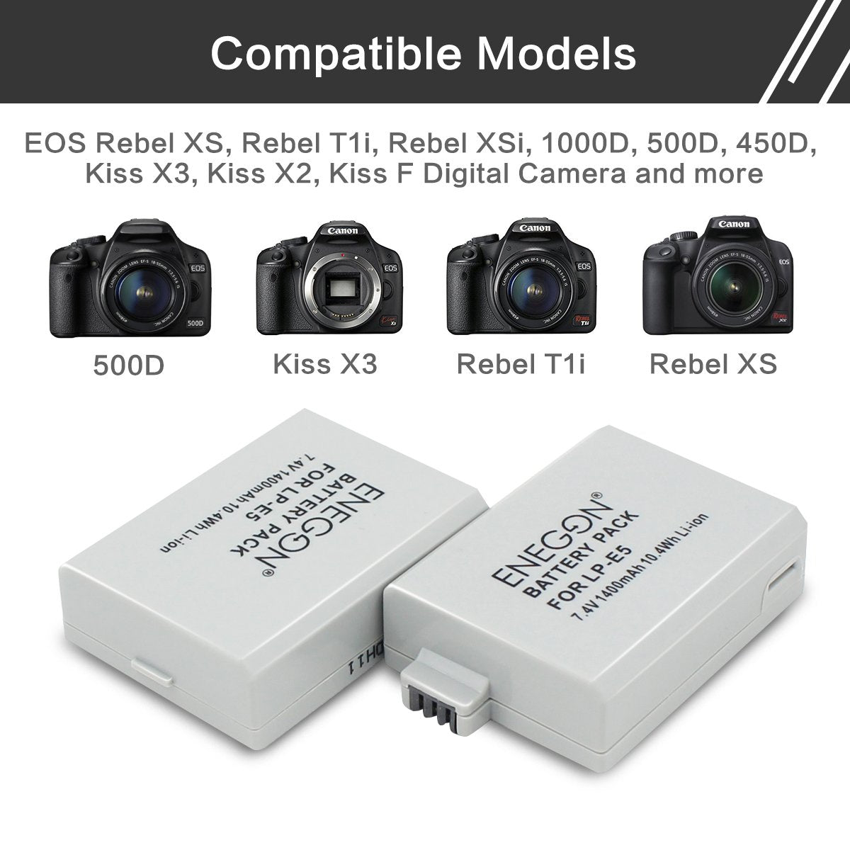 ENEGON LP-E5 Replacement Battery (2-Pack) and Rapid Dual Charger for Canon LP-E5 and Canon EOS Rebel XS, Rebel T1i, Rebel XSi, 1000D, 500D, 450D, Kiss