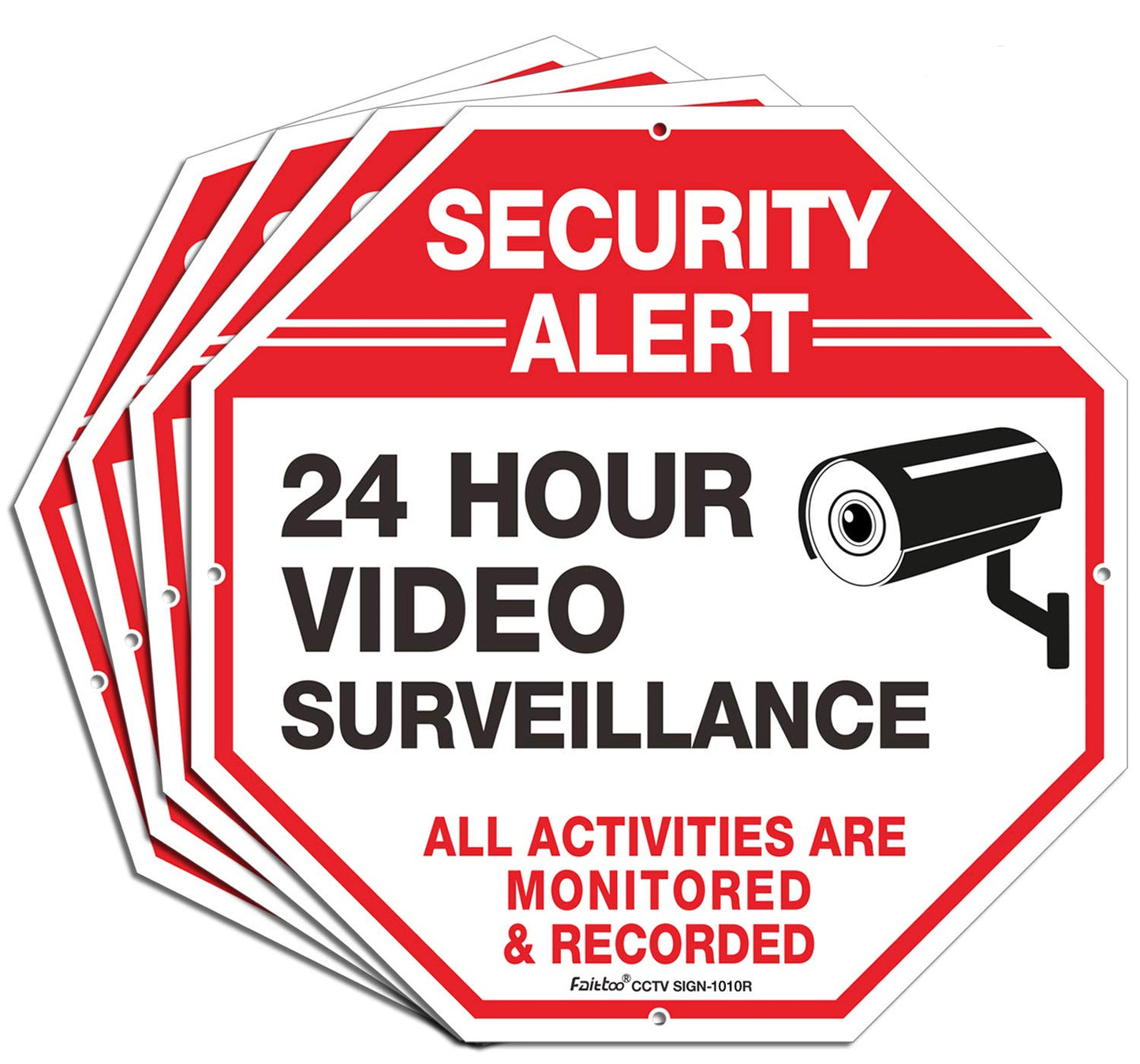 Video Surveillance Sign, 4 Pack 10 x 10 Rust Free .040 Aluminum Security Warning Reflective Metal Signs, Indoor or Outdoor Use for Home Business CCTV