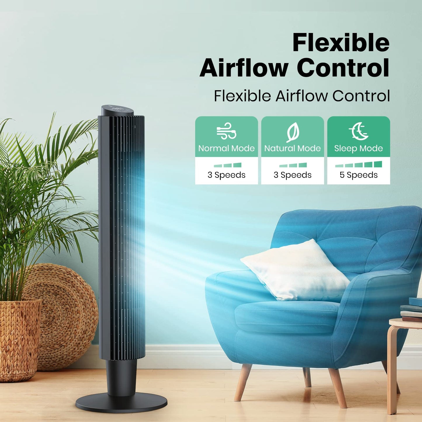 Mirdred Tower Fan, 42” 90° Oscillating Tower Fan with 5 Fan Speeds, Sleep Mode, Remote, 12H On/Off Timer, Portable Stand Up Floor Bladeless Fan