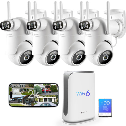 Home Security Camera System Wireless, Dual Lens 2K Security Cameras Wireless Outdoor with 2.4/5GHz WiFi, 360° PTZ, Auto Tracking, Motion Detection
