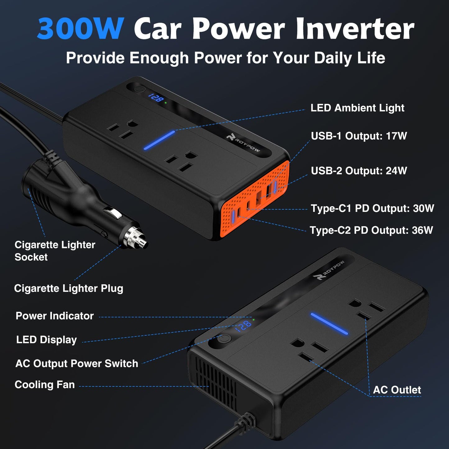 RoyPow 300W Car Power Inverter, DC 12V to 110V AC Power Inverter with Cigarette Lighter Port, Car Plug Adapter Outlet with 3.4A USB-A, QC3.0 24W, PD