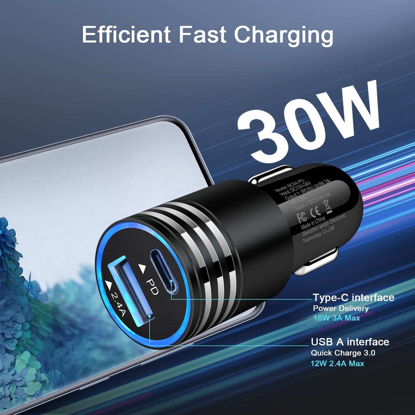30W USB Type C+USB Car Charger Adapter Plug Fast Charging Compatible for Moto Edge 5G UW/One 5G UW ace/G Power/G Stylus/G Play, Samsung Galaxy