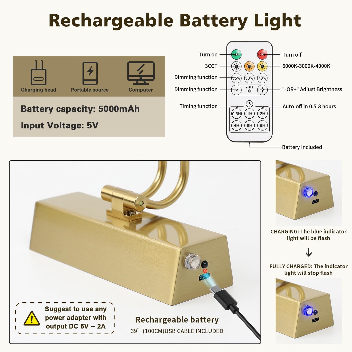 Joosenhouse Battery Operated Picture Light 5000mAh Rechargeable Wall Light 15.7" Wireless Picture Lights for Wall with Remote Control for Paintings