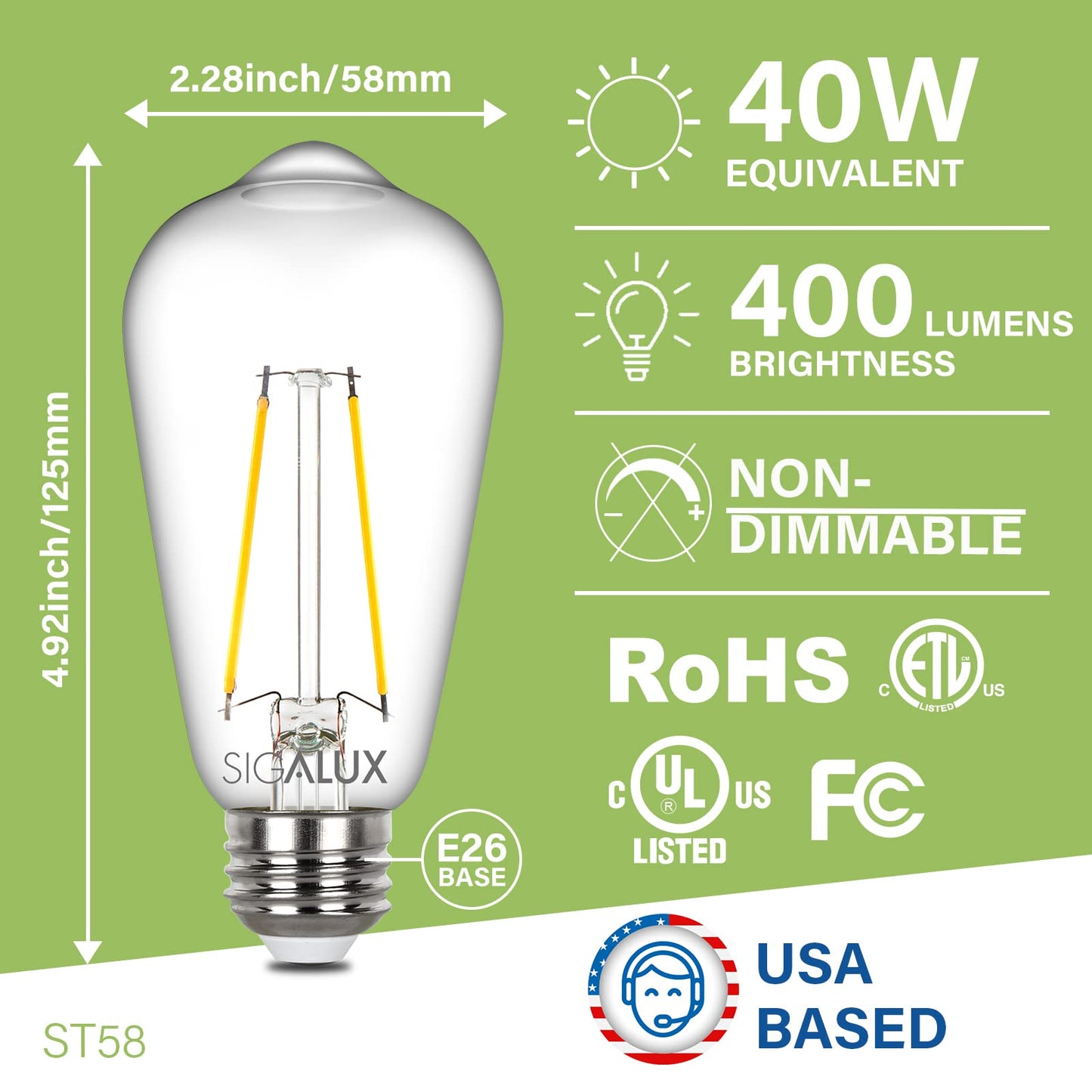 Sigalux Edison Bulbs, E26 LED Bulb ST58 Filament Clear Non-Dimmable Vintage Light Bulbs 40W Equivalent 400LM Soft White 2700K 15, 000hrs 4 Pack