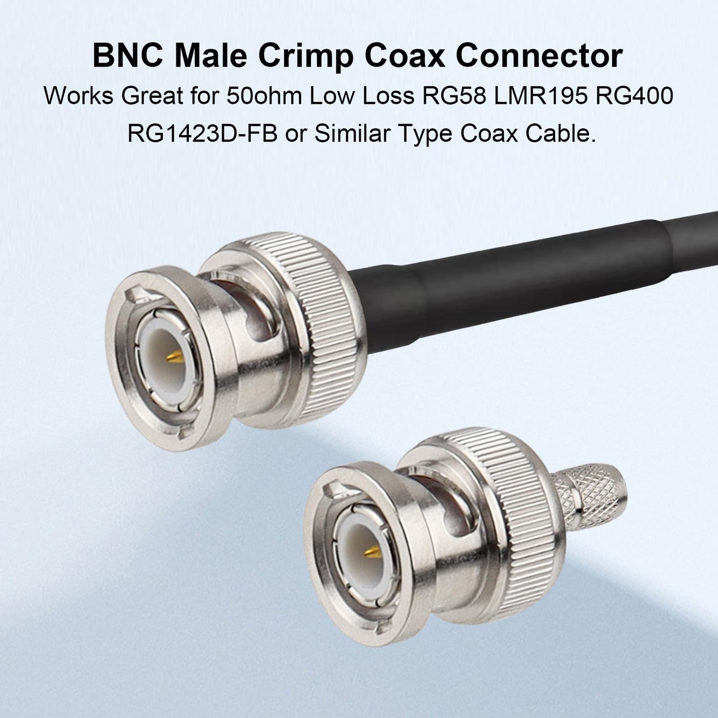 XRDS -RF RG58 BNC Connectors 10PCS - BNC Male Crimp Connector Compatible with RG58, LMR195, RG400, RG142, 3D-FB Coax Cables for RF, Video
