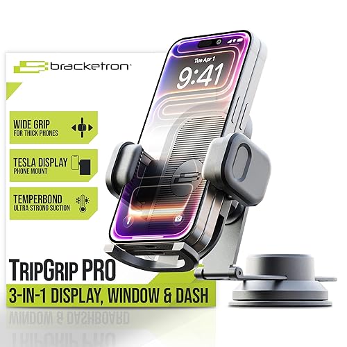 Bracketron TripGripPro Suction Cup Phone Mount for Car - 3-in-1 Tesla Phone Mount with 360° Rotation, Temperbond Suction Technology for Windshield